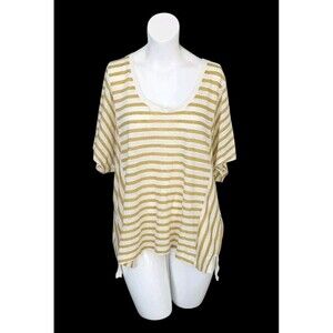 Poetry Ladies Linen Tunic Top Striped Brown Ivory UK 16 US 12 Scoop Neck